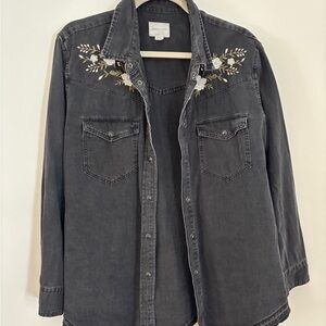 American Eagle Embroidered Black Denim Button Up